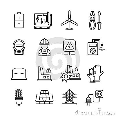 Electricity industry, electrical engineering vector line icons Vector Illustration