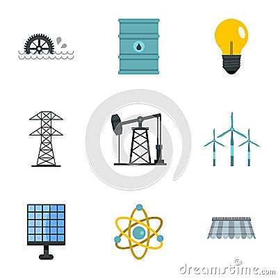 Electricity industry icon set, flat style Vector Illustration