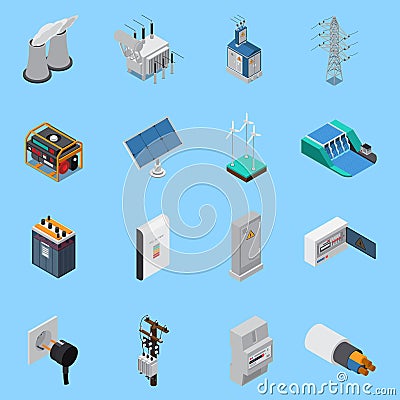 Electricity Isometric Icons Set Vector Illustration