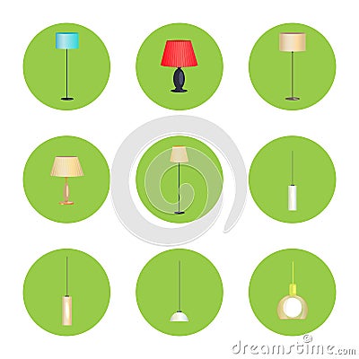 Electricity Lamps Isolated in Green Circles Set Vector Illustration