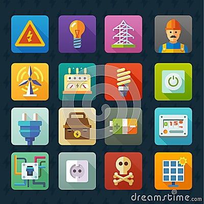 Electricity and light. Vector flat icon set Vector Illustration