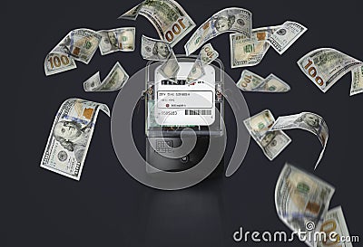 Electricity meters with flying dollar banknotes on black background. Paying bills Stock Photo