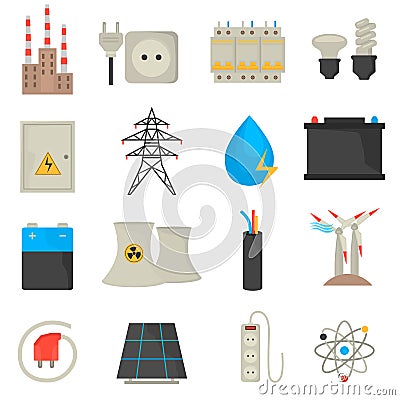 Electricity and power color flat icons set Vector Illustration