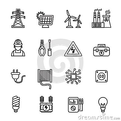 Electricity, power and energy icons set. Line Style stock vector. Vector Illustration