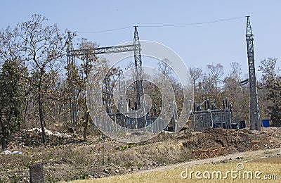 Electricity Power Grid Construction in the Forest Stock Photo