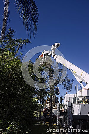 Electricity power workers replacing pole. Editorial Stock Photo