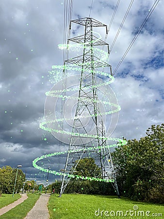 Electricity pylon with electric spiral overlay Stock Photo