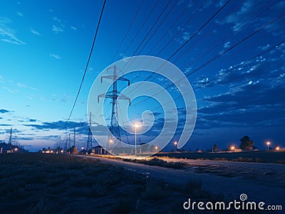 electricity pylons at night in a rural area Stock Photo