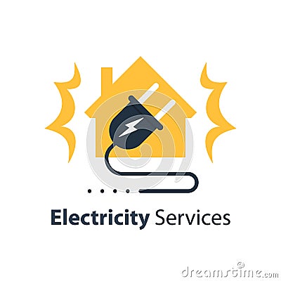 Electricity repair and maintenance services, house and plug with wire Vector Illustration