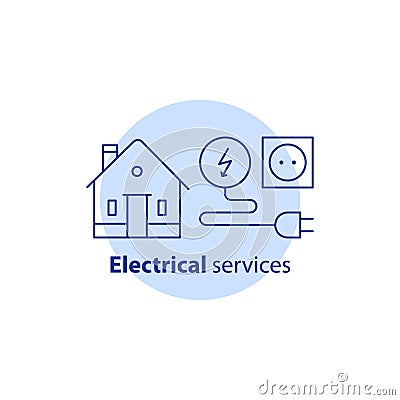 Electricity repair works, house electrical services, home improvement, vector stroke icon Vector Illustration