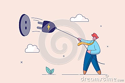 Electricity saving concept. ecology awareness or reduce electric cost and expense, man pulling electric cord to unplug Vector Illustration