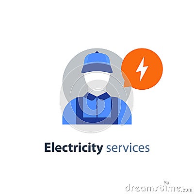 Electricity services, electrician icon, electrical repairman, technician person, maintenance engineer Vector Illustration