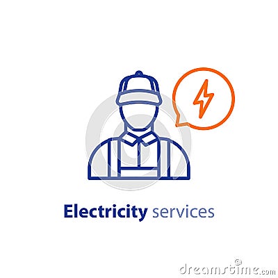 Electricity services, electrician icon, electrical repairman, technician person, maintenance engineer Vector Illustration