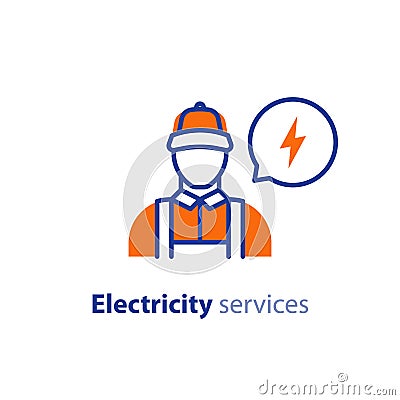 Electricity services, electrician icon, electrical repairman, technician person, maintenance engineer Vector Illustration