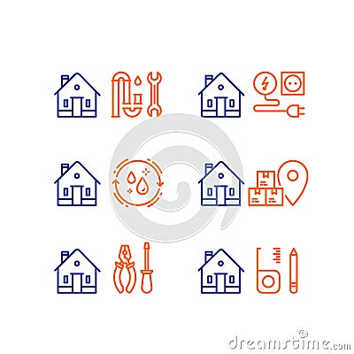 Plumbing repair, p-trap clog, electricity service, home cleaning, moving house, box delivery, home maintenance, vector stroke icon Vector Illustration