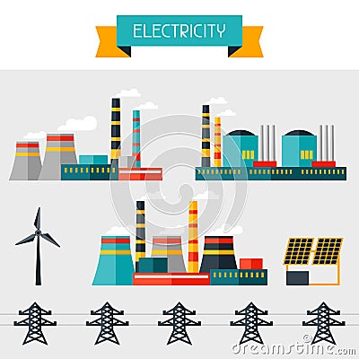 Electricity set of industry power plants in flat Vector Illustration