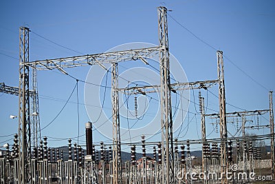 electricity station transfering wires pylons electric enegy Stock Photo