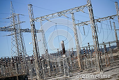 electricity station transfering wires pylons electric enegy Stock Photo