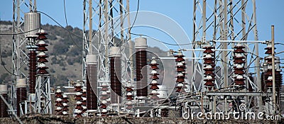 electricity station transfering wires pylons electric enegy Stock Photo