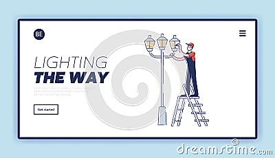 Electricity on street landing page with electrician changing light bulbs in street light Vector Illustration