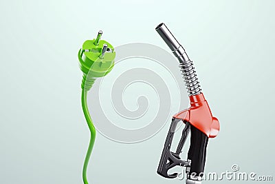 Electricity versus combustible fuel. Gas station nozzle and electrical plug. Technology, car costs, electric car vs gasoline car. Stock Photo