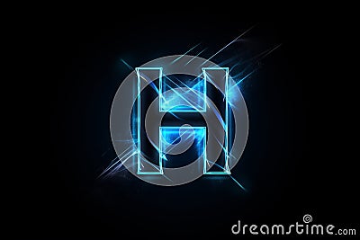 electrified glowing neon blue Letter H logo on a black background generative AI Stock Photo