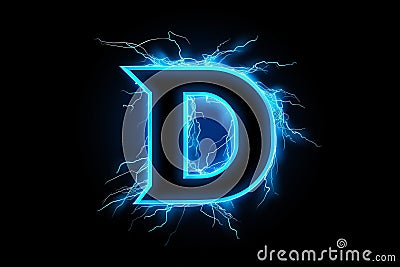 electrified neon blue Letter D logo on a black background generative AI Stock Photo