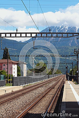 Electrified railroad. Vernayaz, Martigny, Switzerland Stock Photo