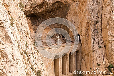 Electrified amazing mountain railroad and tunnels Stock Photo