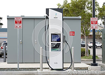 Electrify America EV charging stations. An electric vehicle DC fast charging station Editorial Stock Photo