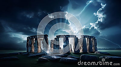 Electrifying Stonehenge: Enchanting Lightning Dance Amid Ancient Monoliths Stock Photo