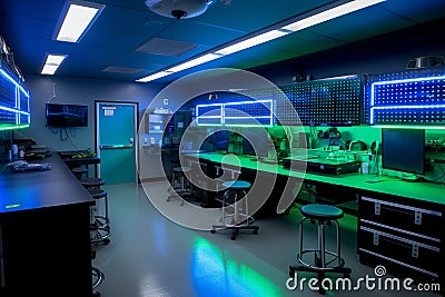 An electrifying workshop office illuminated by neon lights with multiple monitors, representing a futuristic workspace Stock Photo