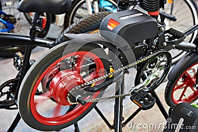 Electro bike on test stand in store Stock Photo