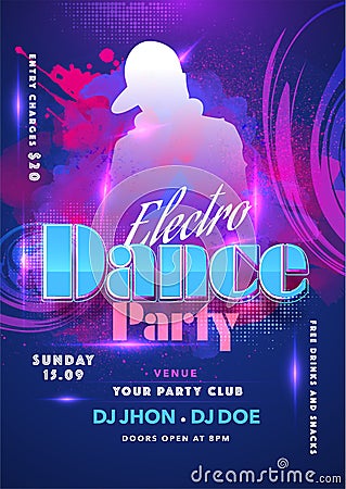 Electro Dance Party Invitation, Flyer Design with Silhouette Man and Lights Effect on Abstract Splash Halftone. Stock Photo