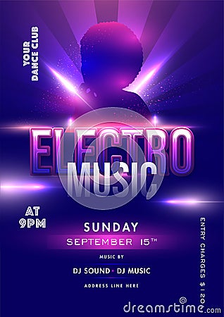 Electro Music Template or Flyer design with Silhouette Woman and Event Details on Lighting Effect Purple Rays. Stock Photo