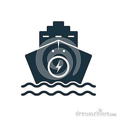 Electro Ship Silhouette Black Icon. Ecology Marine Sign for Freight, Passenger Travel. Vessel Alternative Eco Vector Illustration