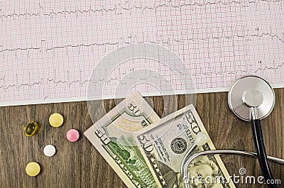 Electrocardiogram with pills, money and stethoscope Stock Photo
