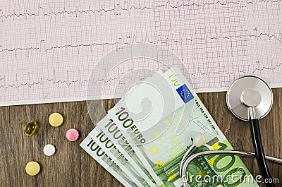Electrocardiogram with pills, money and stethoscope Stock Photo