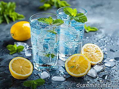 Electrolyte water is water that has been infused with fruits and berries in glass Stock Photo