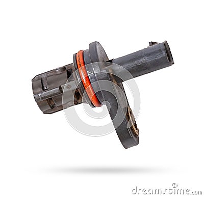 Electromagnetic crankshaft position sensor of a car engine in the hands of an auto mechanic. Spare parts catalog Stock Photo