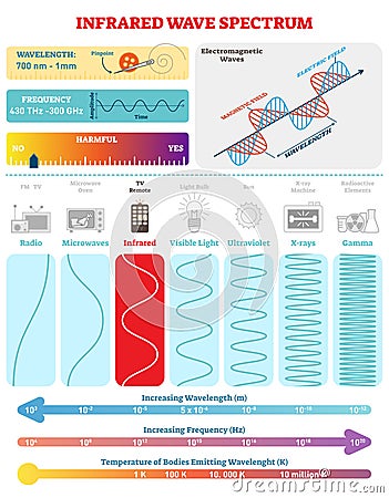 Electromagnetic Waves: Infrared Spectrum. Vector illustration diagram with wavelength, frequency, harmfulness and wave structure. Vector Illustration