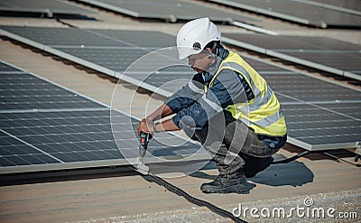 Electromechanical solar panel technician install, assemble photovoltaic systems on roof based on site assessment and schematic Stock Photo