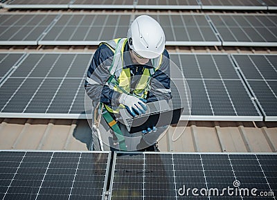 Electromechanical solar panel technician install, assemble photovoltaic systems on roof based on site assessment and schematic Stock Photo