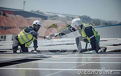 Electromechanical solar panel technician install, assemble photovoltaic systems on roof based on site assessment and schematic Stock Photo