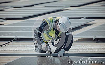 Electromechanical solar panel technician install, assemble photovoltaic systems on roof based on site assessment and schematic Stock Photo