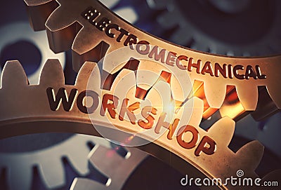 Electromechanical Workshop on Golden Gears. 3D Illustration. Stock Photo