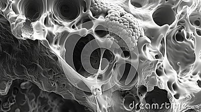 Electron micrograph displaying the compact and uniform structure of glycogen granules within a cell Stock Photo
