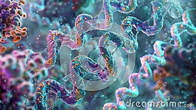 An electron microscope image of the DNA replication process with individual nucleotides being added to the growing DNA Stock Photo