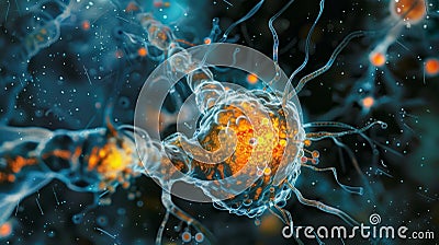 Electron microscopic image capturing the precise moment when a new synaptic vesicle is formed from a clathrincoated pit Stock Photo