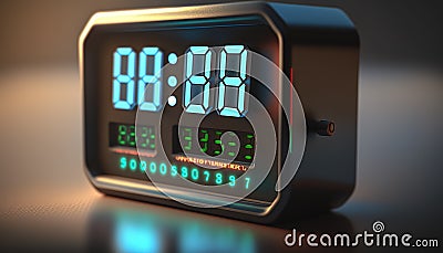 Electronic alarm clock standing on table. Generative AI. Stock Photo